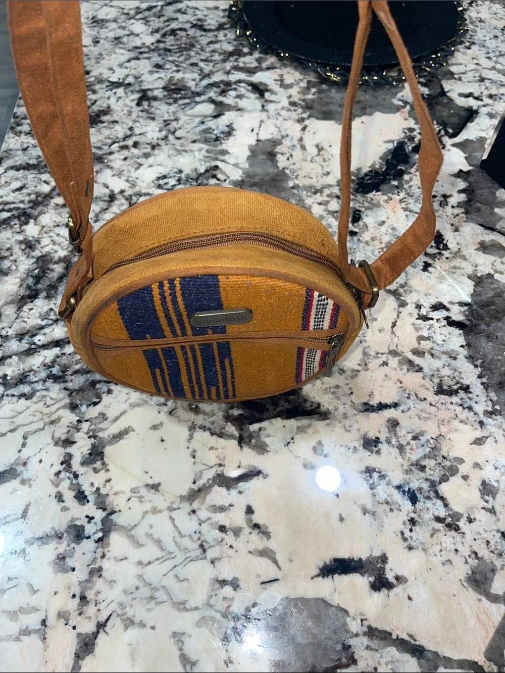 Round Woven Crossbody Bag in Tan with Blue Accent/ 100% handwoven